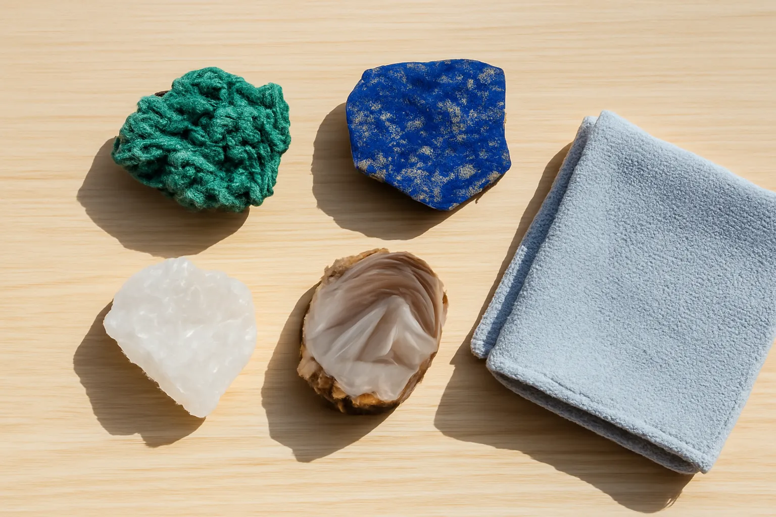 Mẫu đá thô malachite, lapis, thạch anh, mã não bày trên bàn gỗ sáng