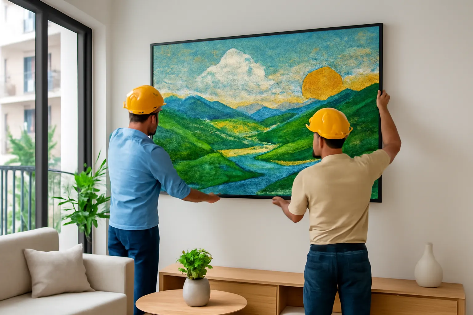 Hai thợ nhìn từ phía sau nâng tranh đá phong cảnh lớn lên tường phòng khách
