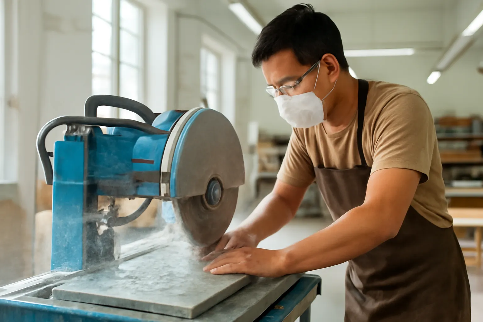 Thợ đeo kính bảo hộ đứng nghiêng bên máy cắt đá ướt trong xưởng