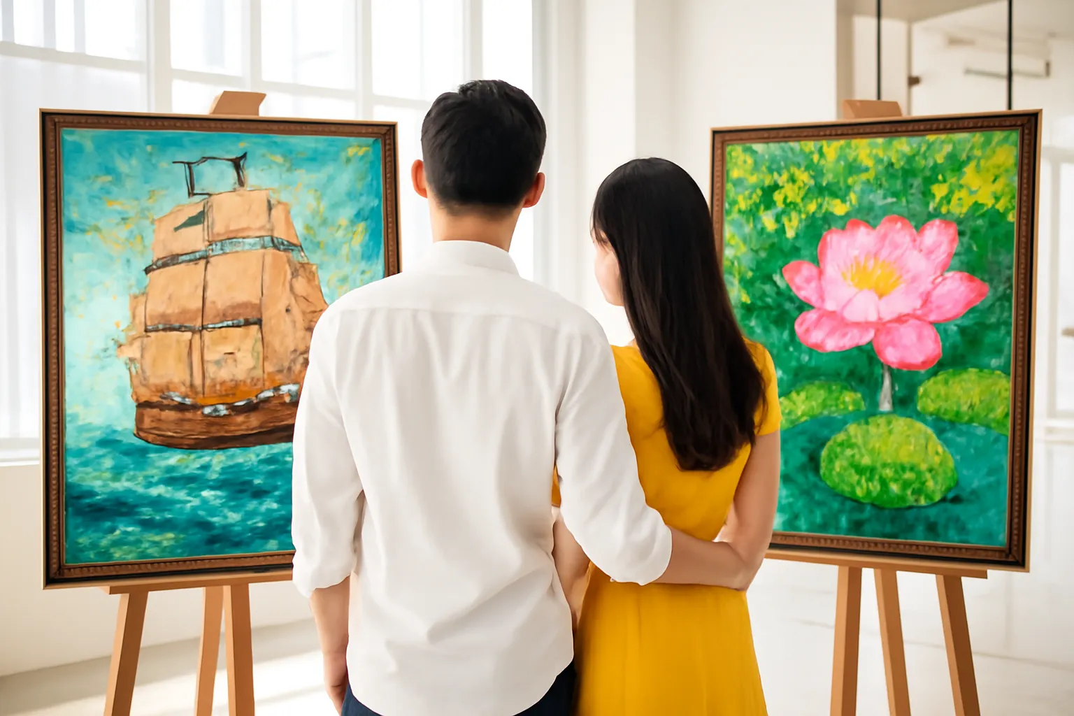 Cặp vợ chồng nhìn từ phía sau cân nhắc giữa hai bức tranh đá trên giá