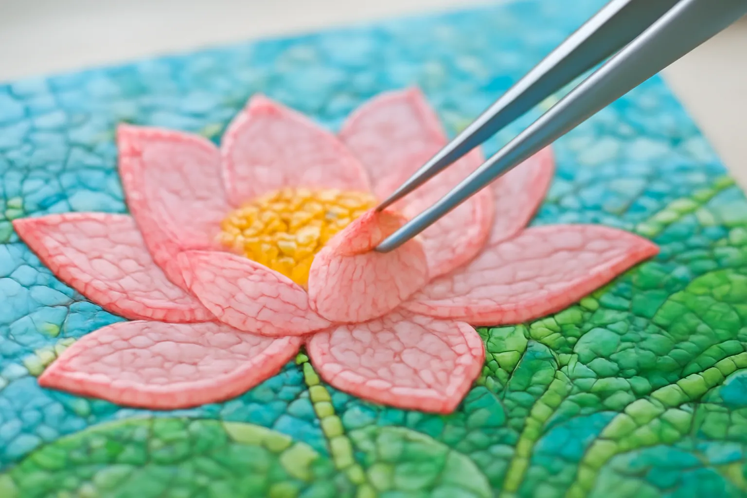 Nhíp gắp hạt đá hồng đặt vào cánh hoa sen trên tranh đang làm