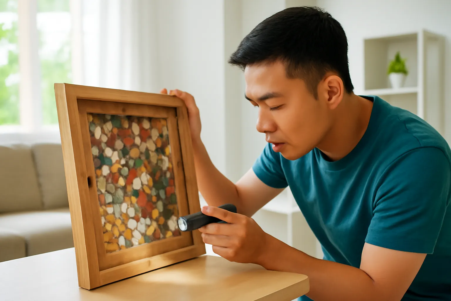 Người soi mặt sau tranh đá có khung bằng đèn pin trong phòng khách sáng