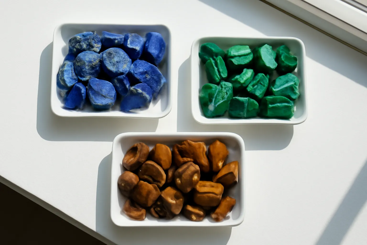 Khay đá thô lapis xanh lam, malachite xanh lục và mắt hổ trên bàn trắng