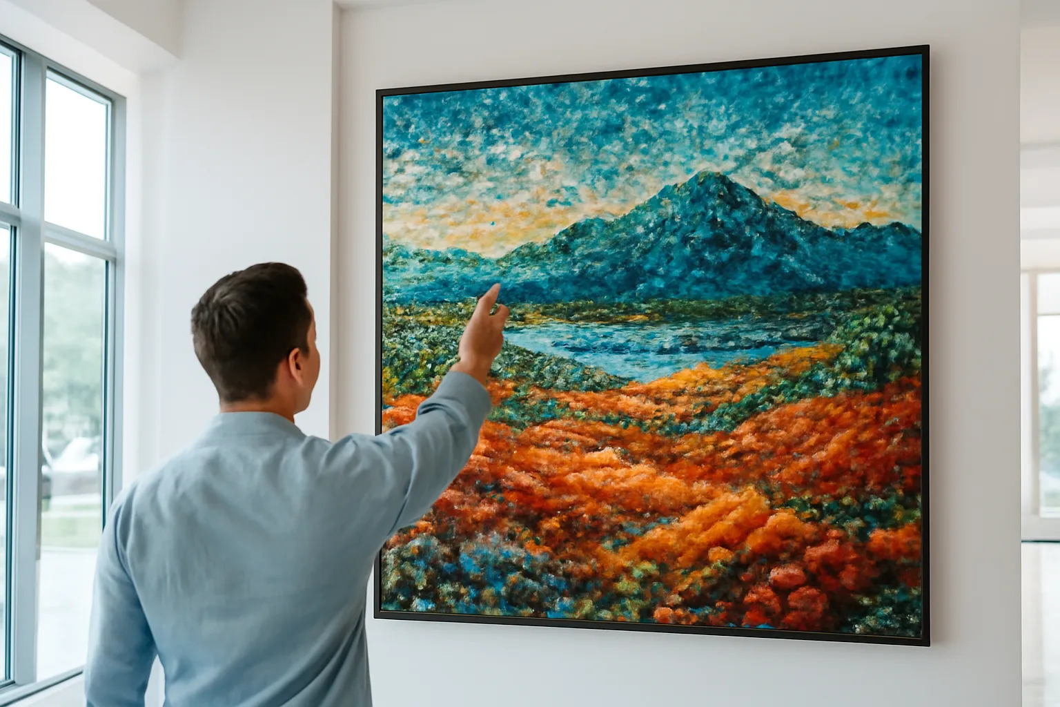 Người mua nhìn từ phía sau chỉ tay vào vùng trời của bức tranh đá phong cảnh