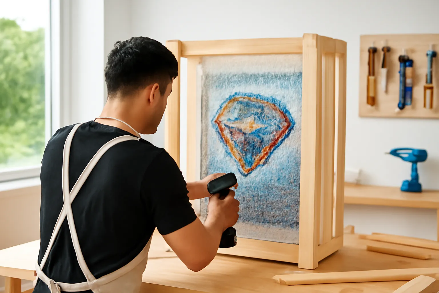 Thợ đóng kiện gỗ thưa quanh tranh đá đã bọc xốp hơi trong xưởng sáng