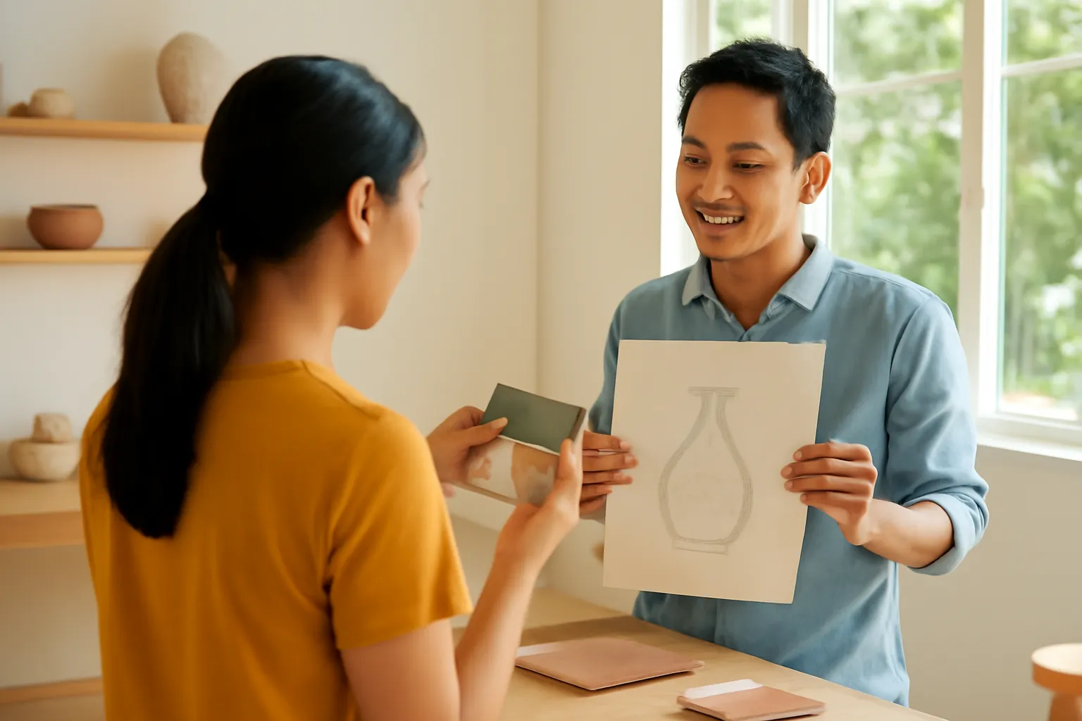 Khách nhìn từ phía sau so mẫu đá nhỏ với bản phác chì thợ cầm