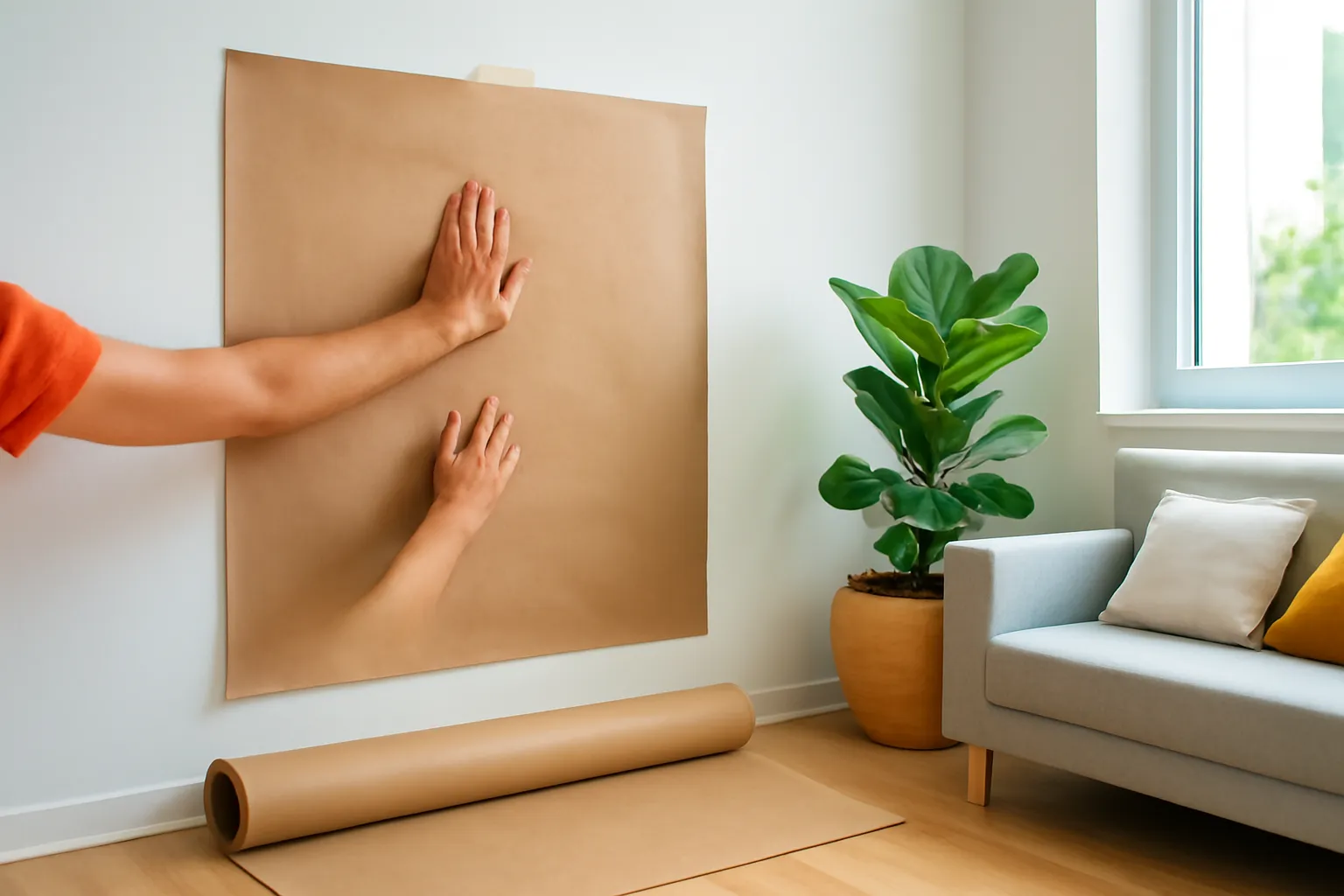 Hai bàn tay dán tấm giấy kraft cỡ thật lên bức tường trống bằng băng keo giấy
