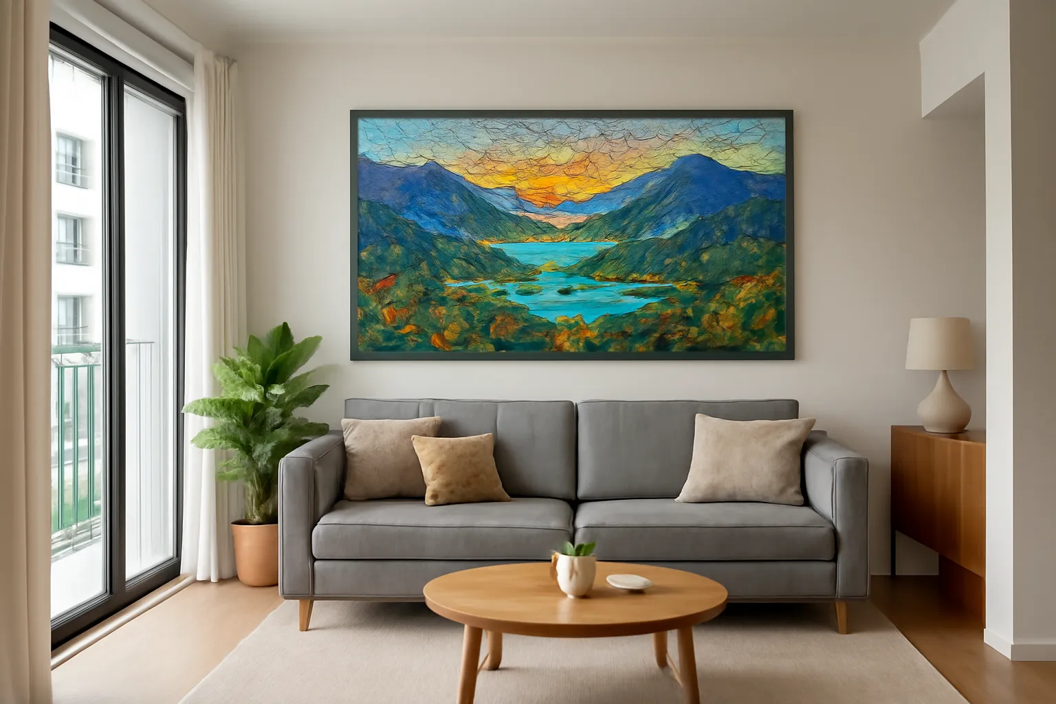 Phòng khách căn hộ có tranh đá phong cảnh dài treo phía trên sofa xám
