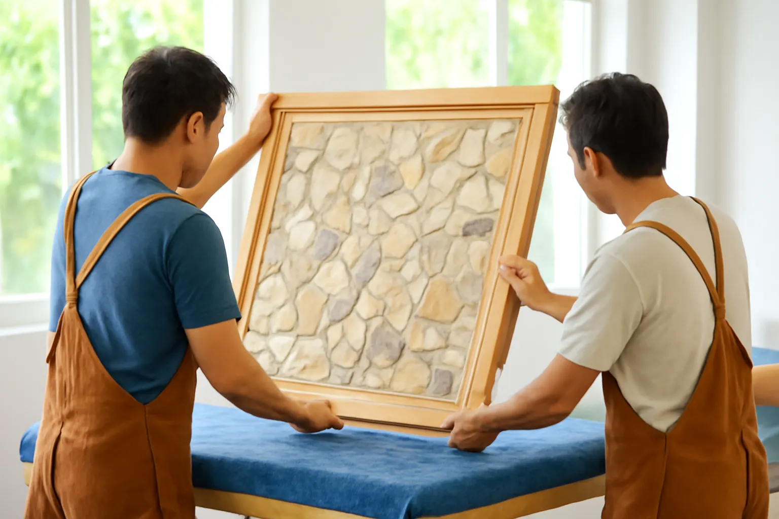 Hai người thợ nhìn từ phía sau đang lật nghiêng khung tranh đá lớn