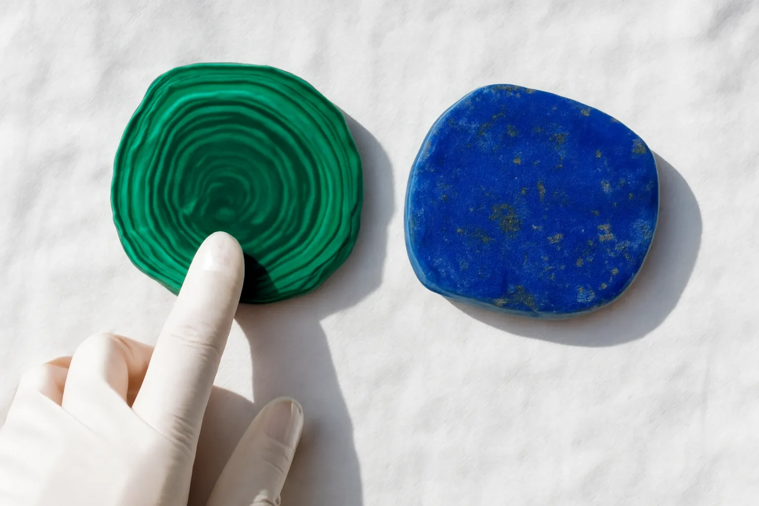Lát malachite xanh lục và lapis xanh lam trên khăn trắng, tay đeo găng chỉ vào vân