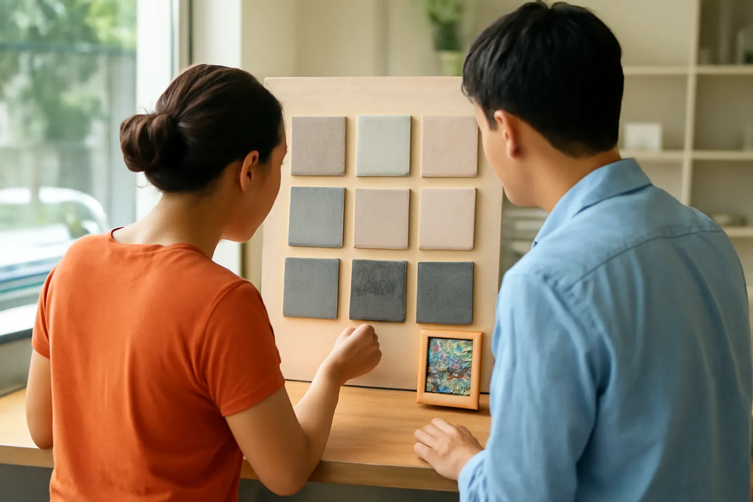 Hai người nhìn từ phía sau xem bảng mẫu đá và tranh nhỏ ở quầy xưởng