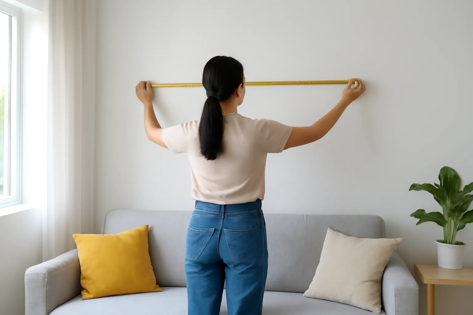 Người phụ nữ dùng thước dây đo khoảng tường trống phía trên ghế sofa