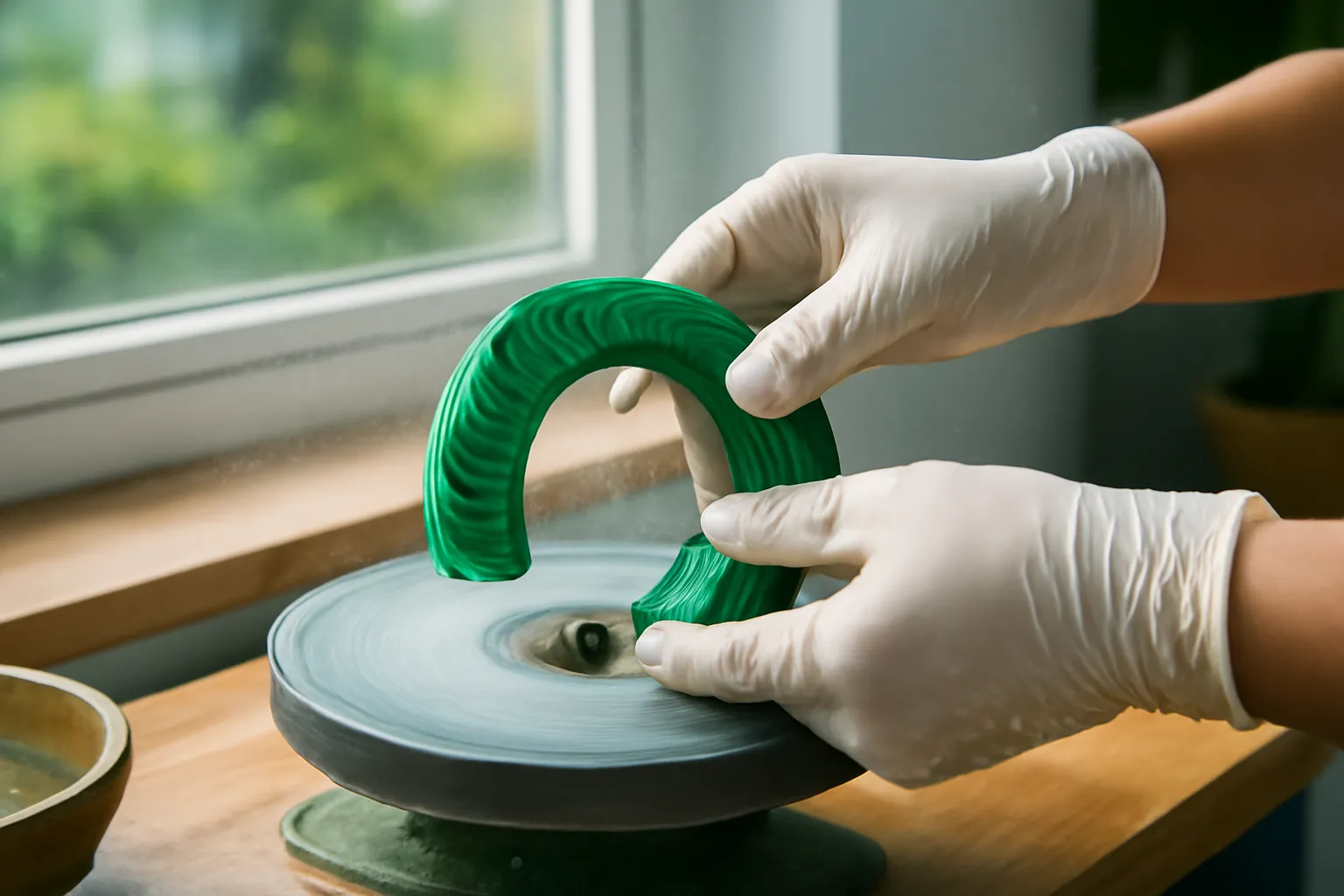 Tay đeo găng mài mảnh đá malachite cong trên bàn mài có nước
