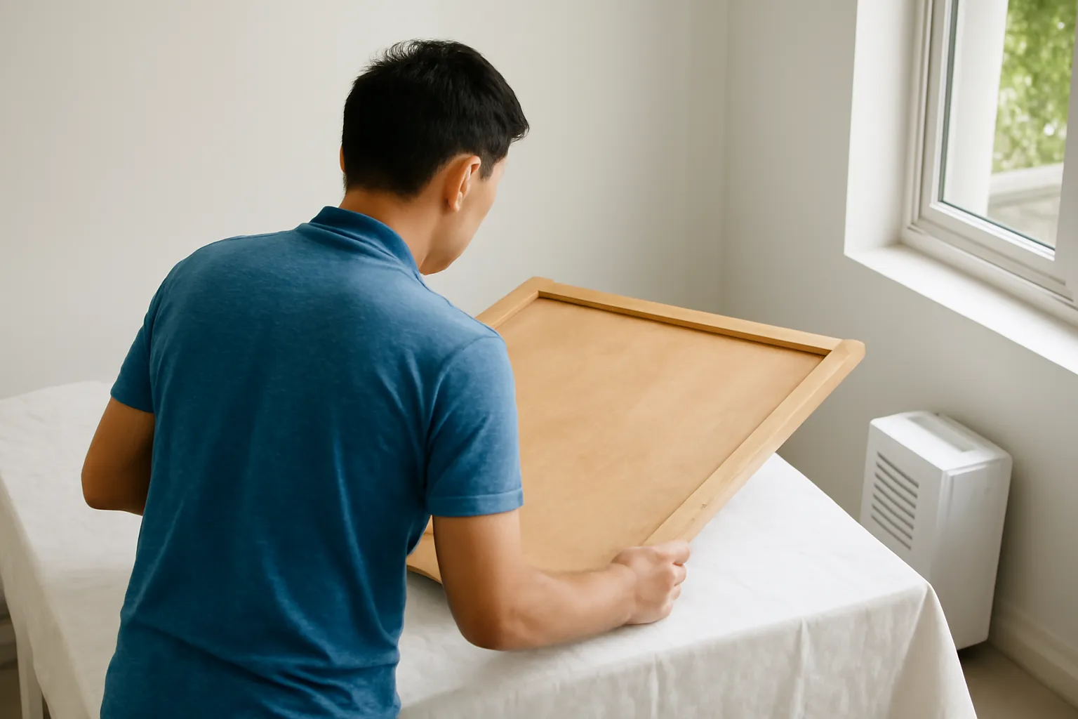Người đàn ông nhìn từ phía sau kiểm mặt sau tranh đá đặt úp trên bàn gỗ