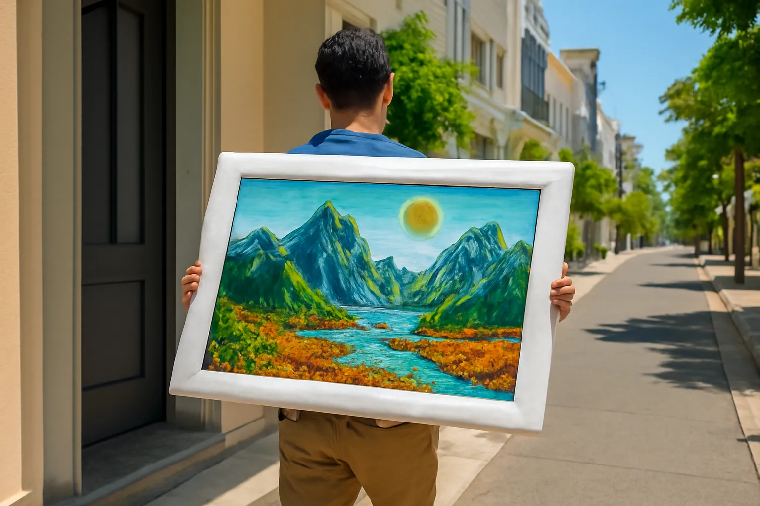 Người đàn ông nhìn từ sau khiêng tranh đá bọc xốp ra khỏi cửa nhà phố