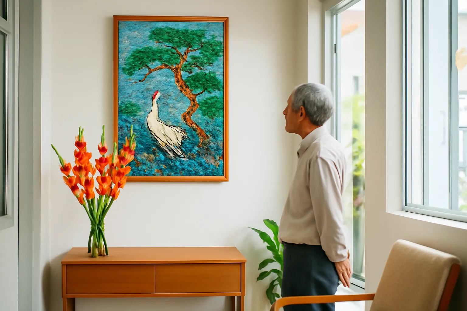 Cụ ông nhìn nghiêng từ xa ngắm tranh tùng hạc bằng đá vừa treo trong phòng khách