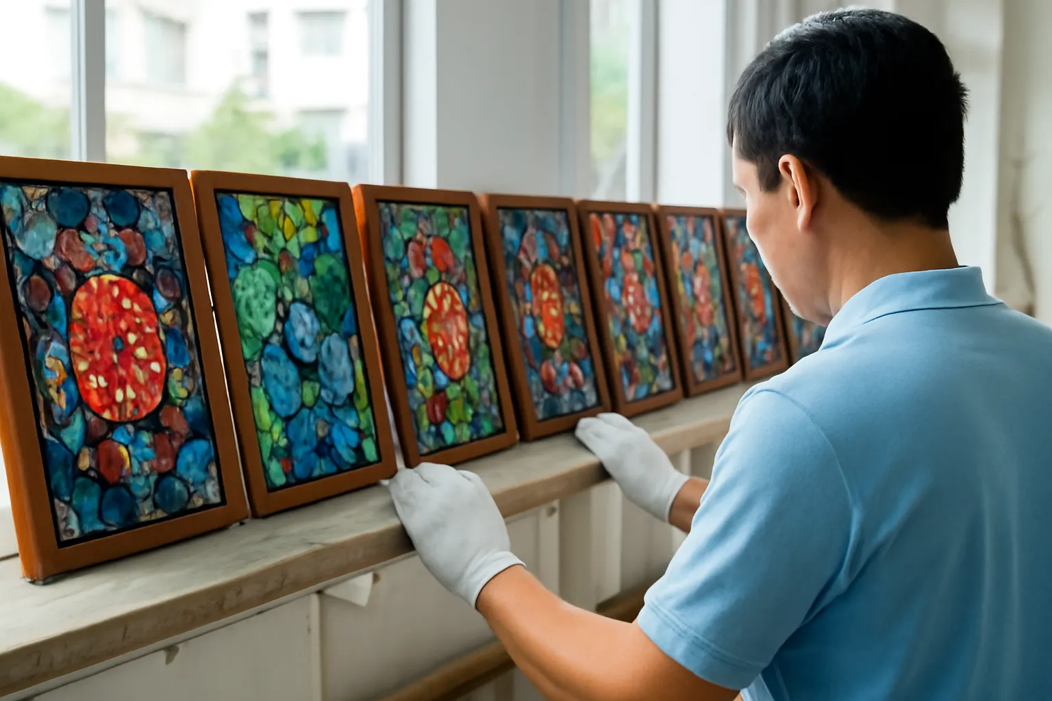 Hàng tranh đá cùng khổ xếp dựng trên kệ xưởng, nhân viên đeo găng kiểm từng bức