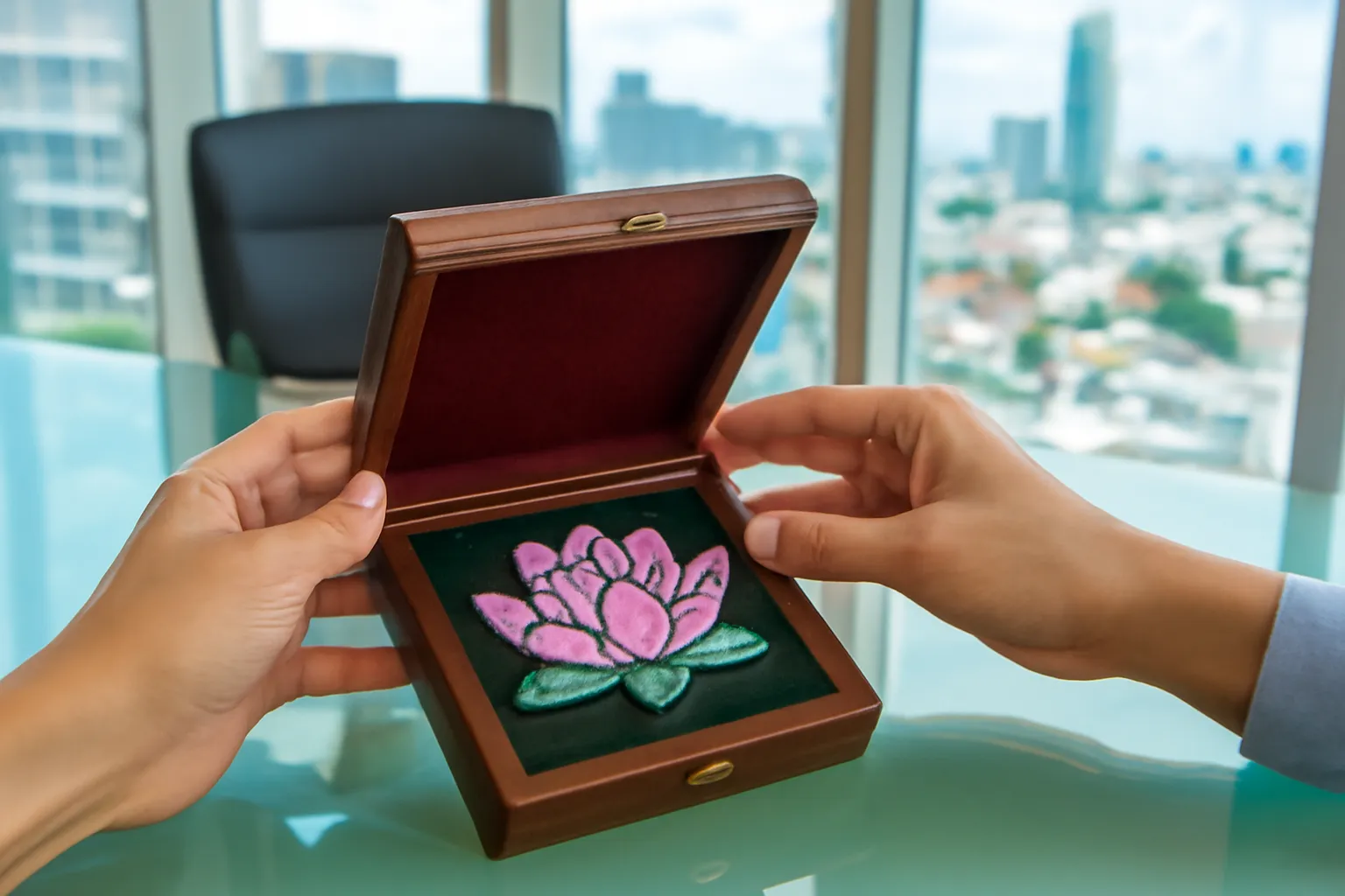Bàn tay đặt tranh đá hoa sen nhỏ vào hộp gỗ lót nhung trên bàn họp