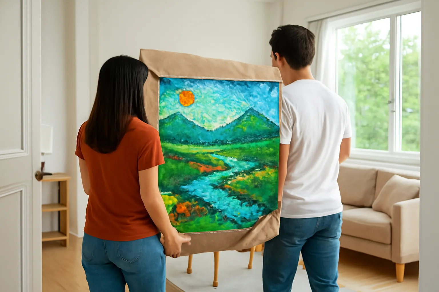 Hai người khiêng tranh đá phong cảnh bọc giấy kraft qua cửa căn hộ mới