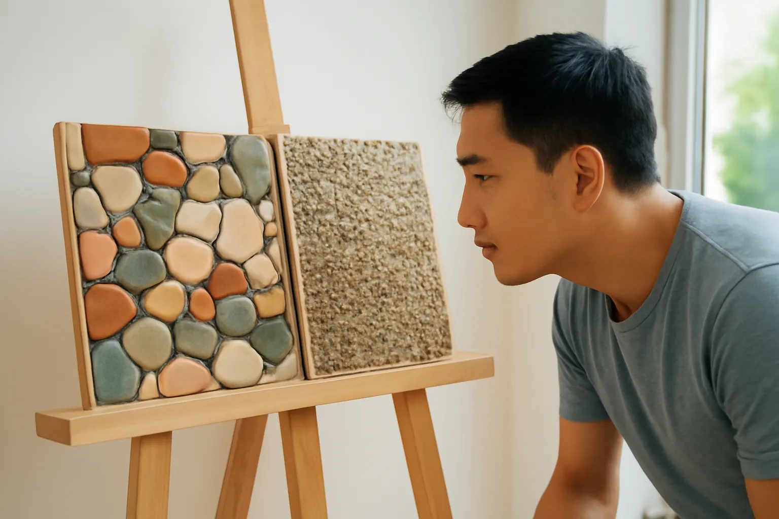 Hai bức tranh đá đặt cạnh nhau trên giá gỗ, một ghép mảnh, một hạt đá