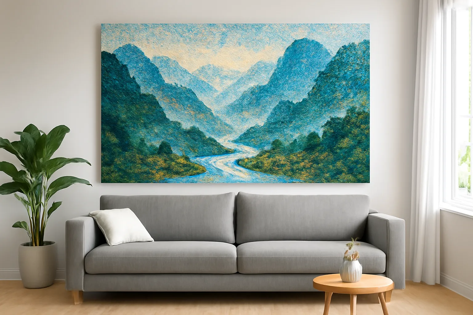 Bức tranh đá núi non sông nước lớn treo sau sofa xám phòng khách