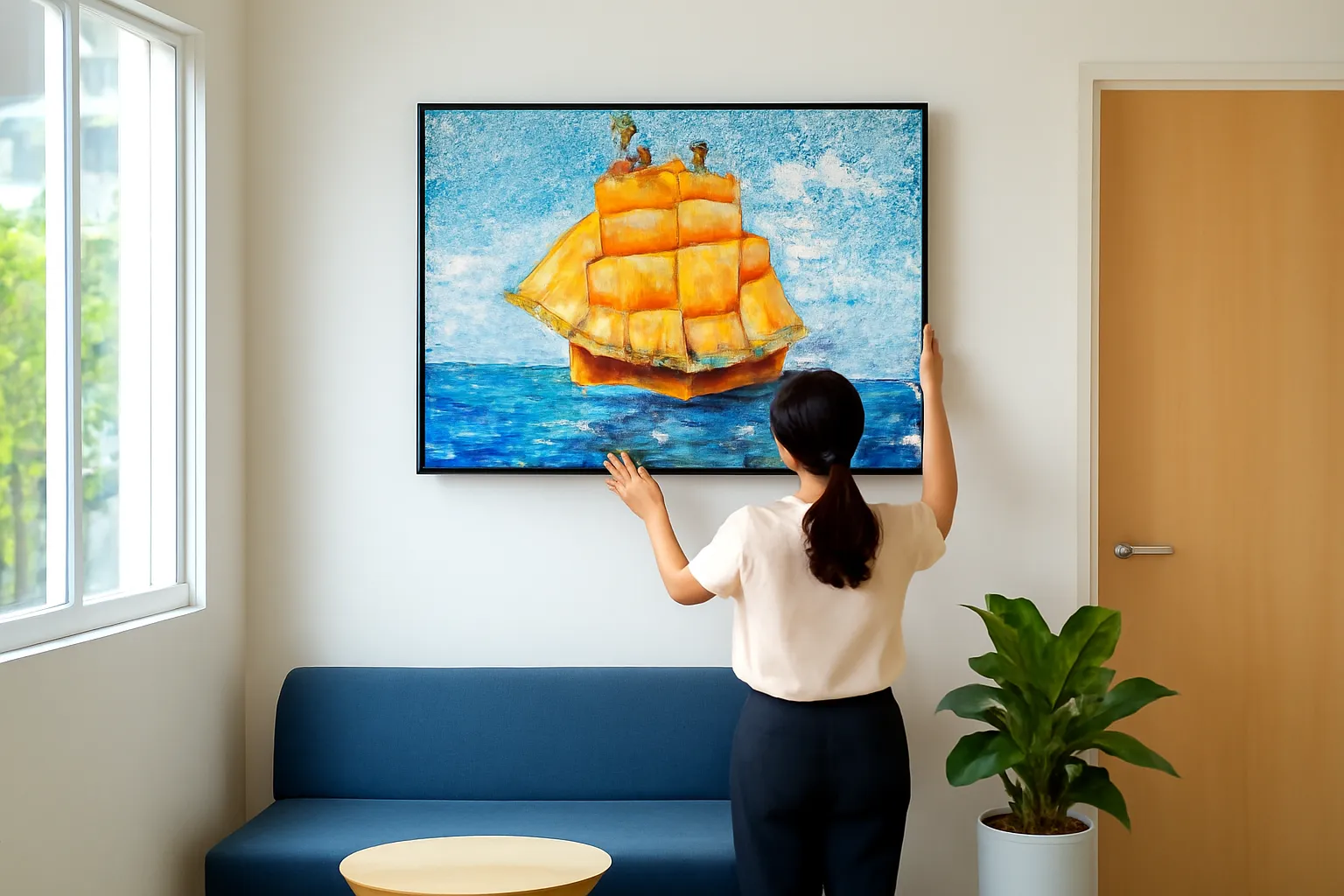 Người phụ nữ nhìn từ phía sau treo tranh thuyền buồm đá vàng lên tường