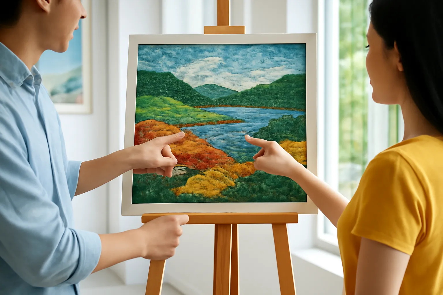 Hai bàn tay nam và nữ cùng chỉ vào tranh đá phong cảnh nhiều màu trên giá