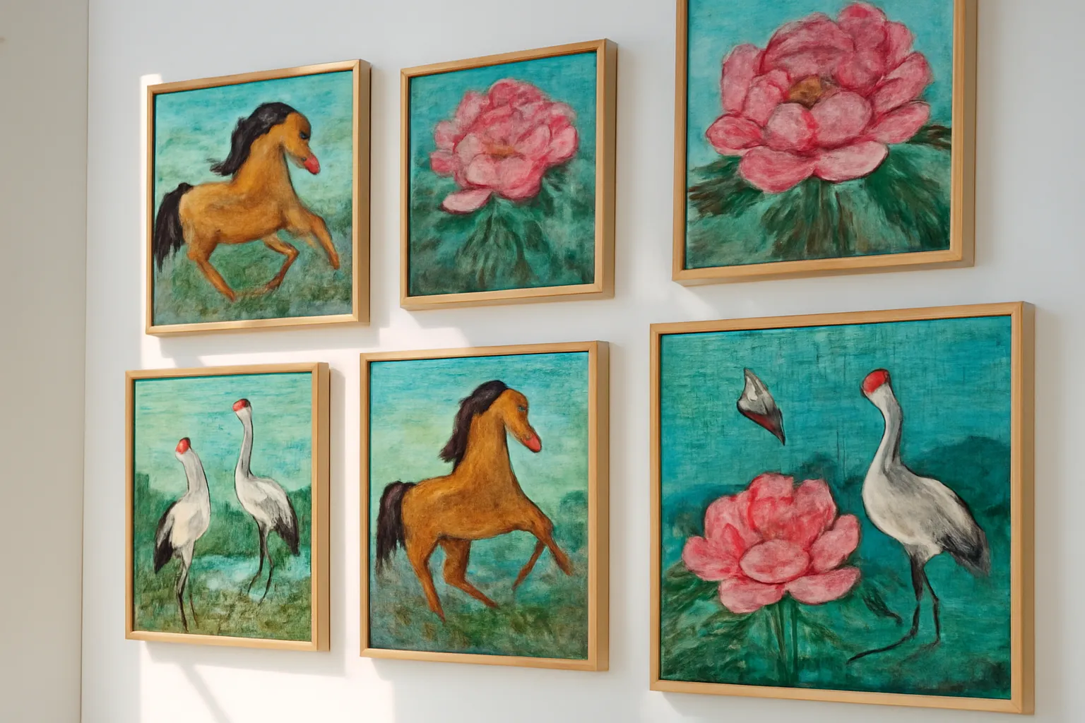 Nhiều bức tranh đá quý đề tài khác nhau treo so le trên bức tường trắng